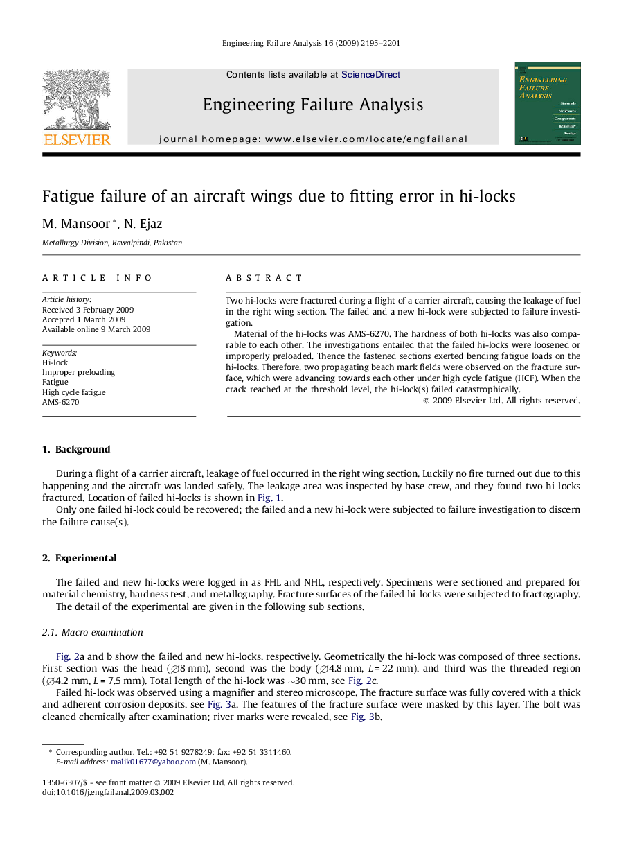 Fatigue failure of an aircraft wings due to fitting error in hi-locks