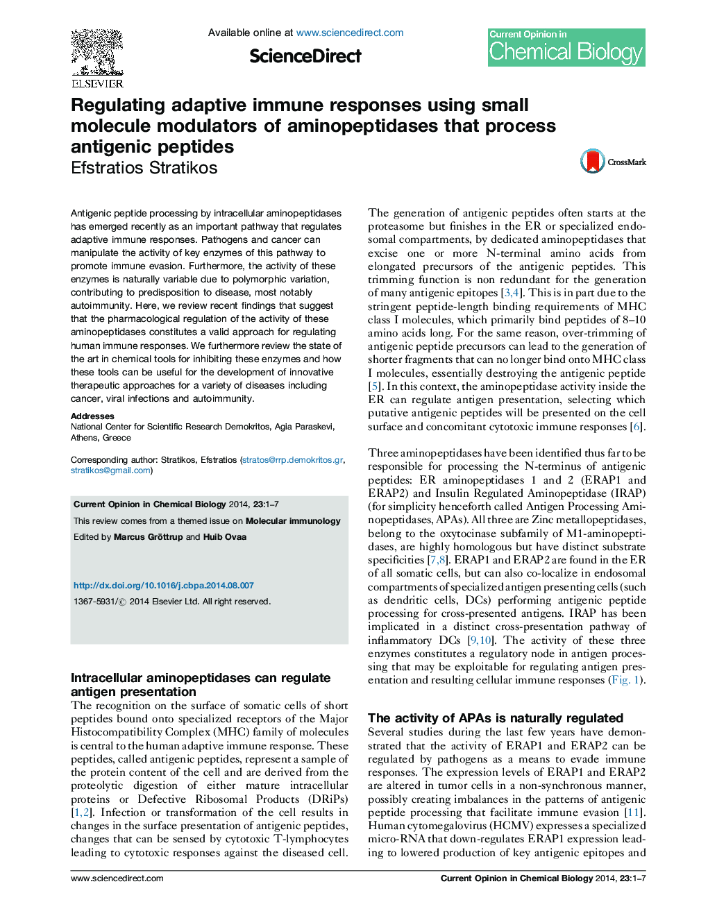 عکس صفحه اول مقاله: Regulating adaptive immune responses using small molecule modulators of aminopeptidases that process antigenic peptides Regulating adaptive immune responses using small molecule modulators of aminopeptidases that process antigenic peptides
