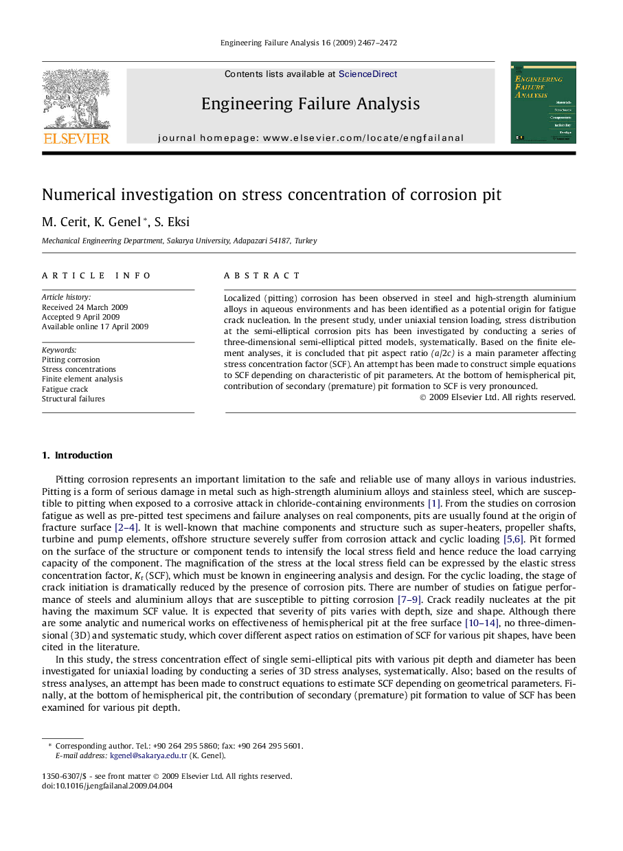 Numerical investigation on stress concentration of corrosion pit