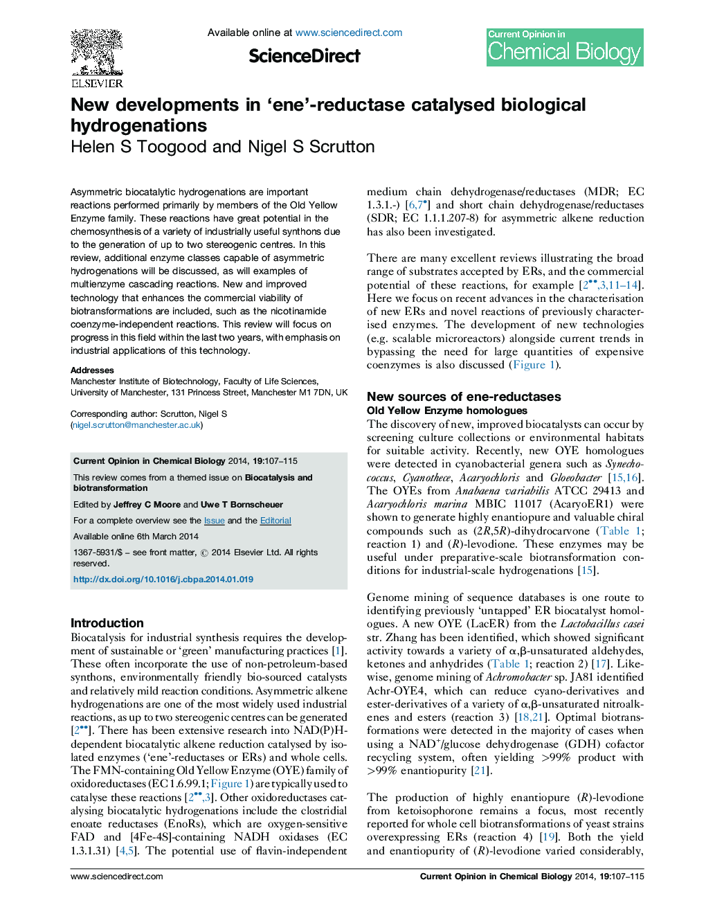 New developments in 'ene'-reductase catalysed biological hydrogenations