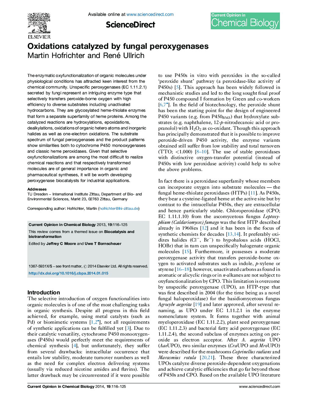 Oxidations catalyzed by fungal peroxygenases