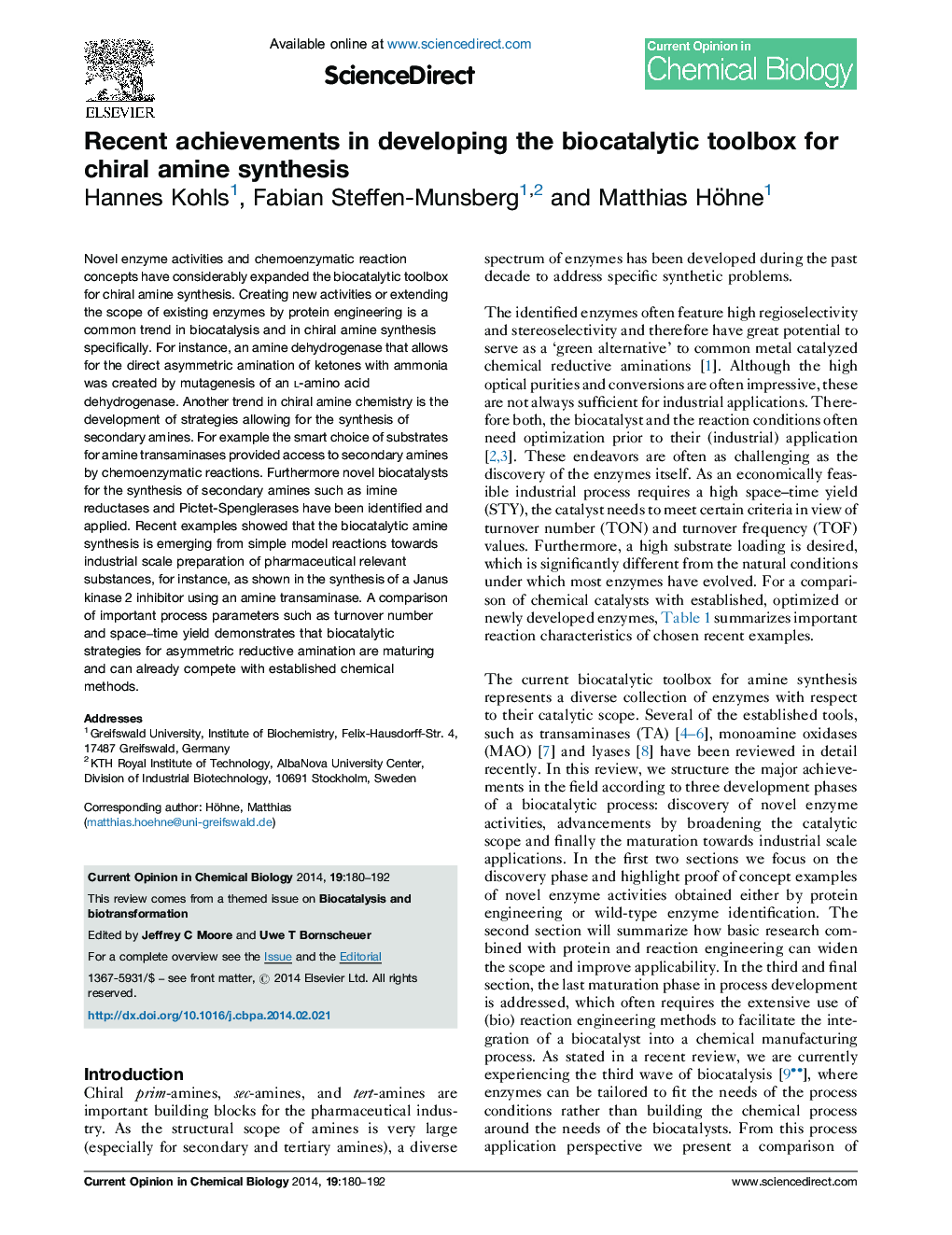 Recent achievements in developing the biocatalytic toolbox for chiral amine synthesis