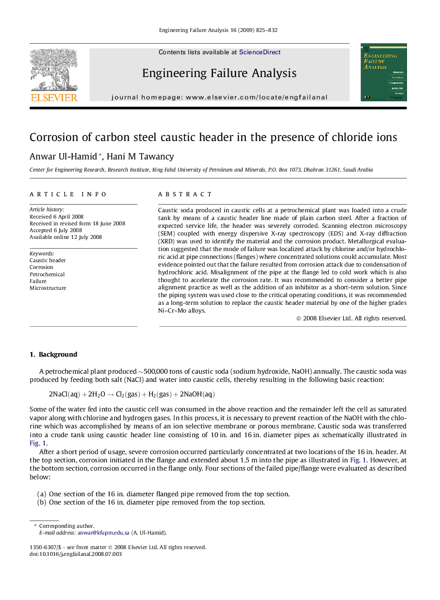 Corrosion of carbon steel caustic header in the presence of chloride ions