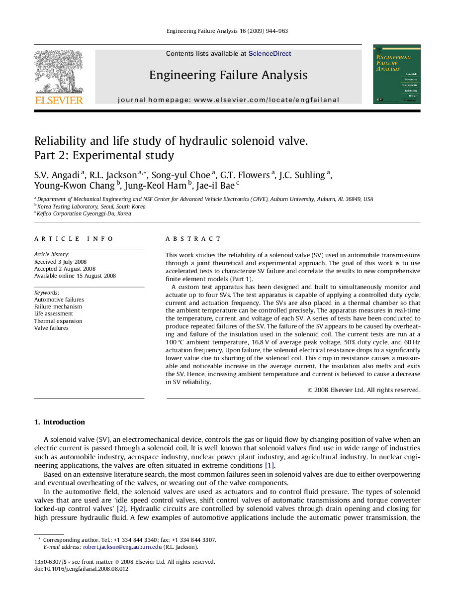 Reliability and life study of hydraulic solenoid valve. Part 2: Experimental study