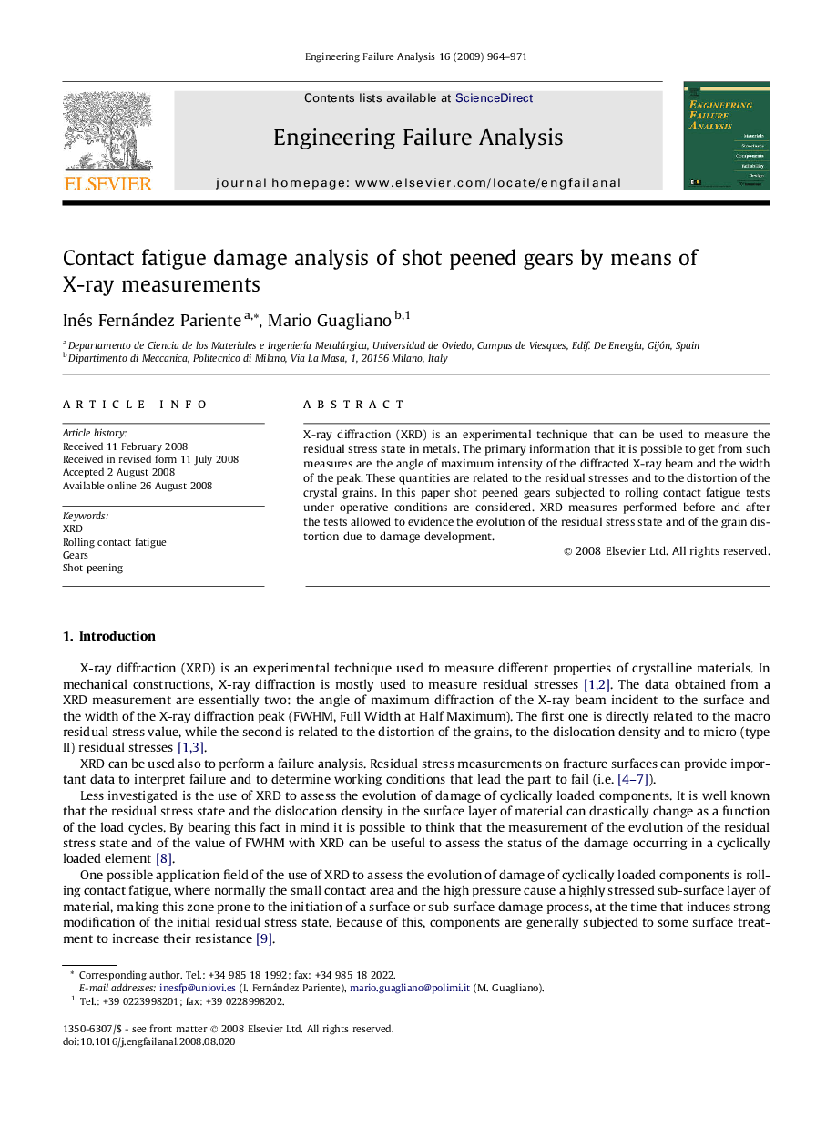 Contact fatigue damage analysis of shot peened gears by means of X-ray measurements