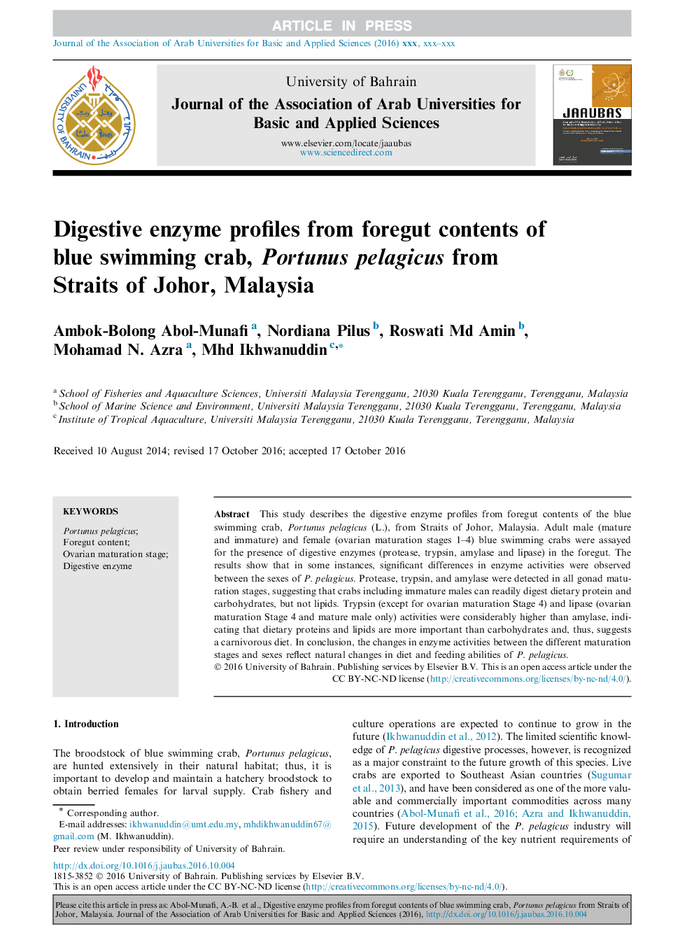 Digestive enzyme profiles from foregut contents of blue swimming crab, Portunus pelagicus from Straits of Johor, Malaysia