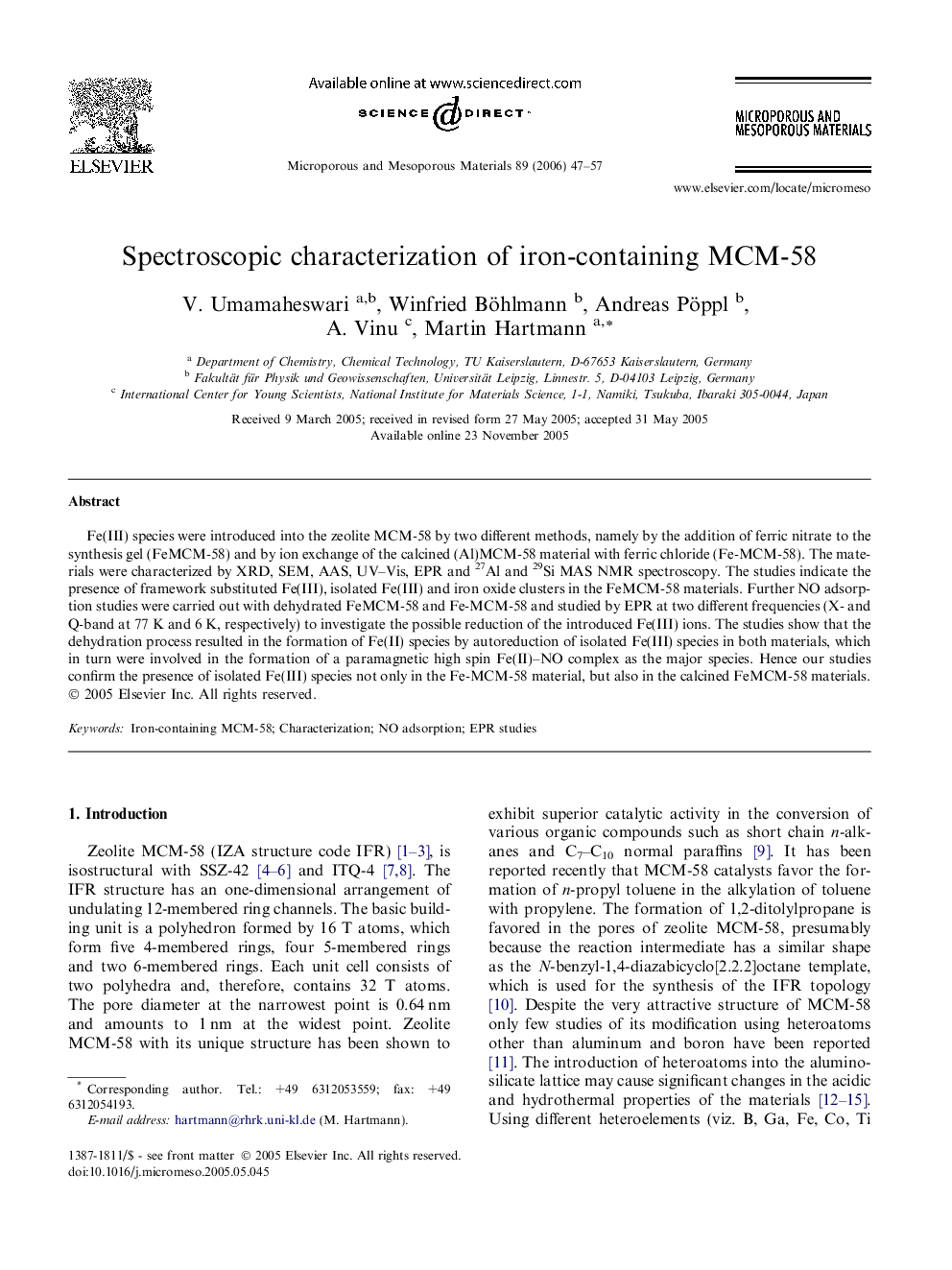 Spectroscopic characterization of iron-containing MCM-58