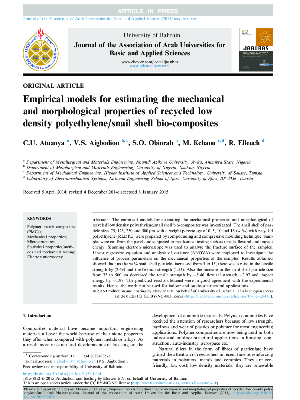 Empirical models for estimating the mechanical and morphological properties of recycled low density polyethylene/snail shell bio-composites