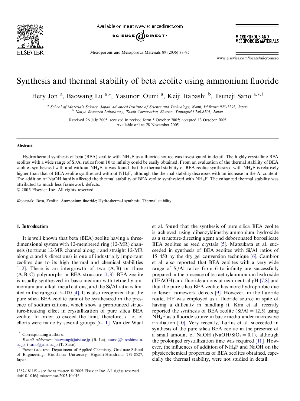 Synthesis and thermal stability of beta zeolite using ammonium fluoride