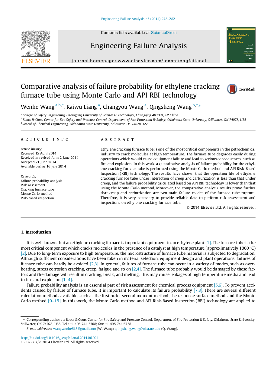 Comparative analysis of failure probability for ethylene cracking furnace tube using Monte Carlo and API RBI technology