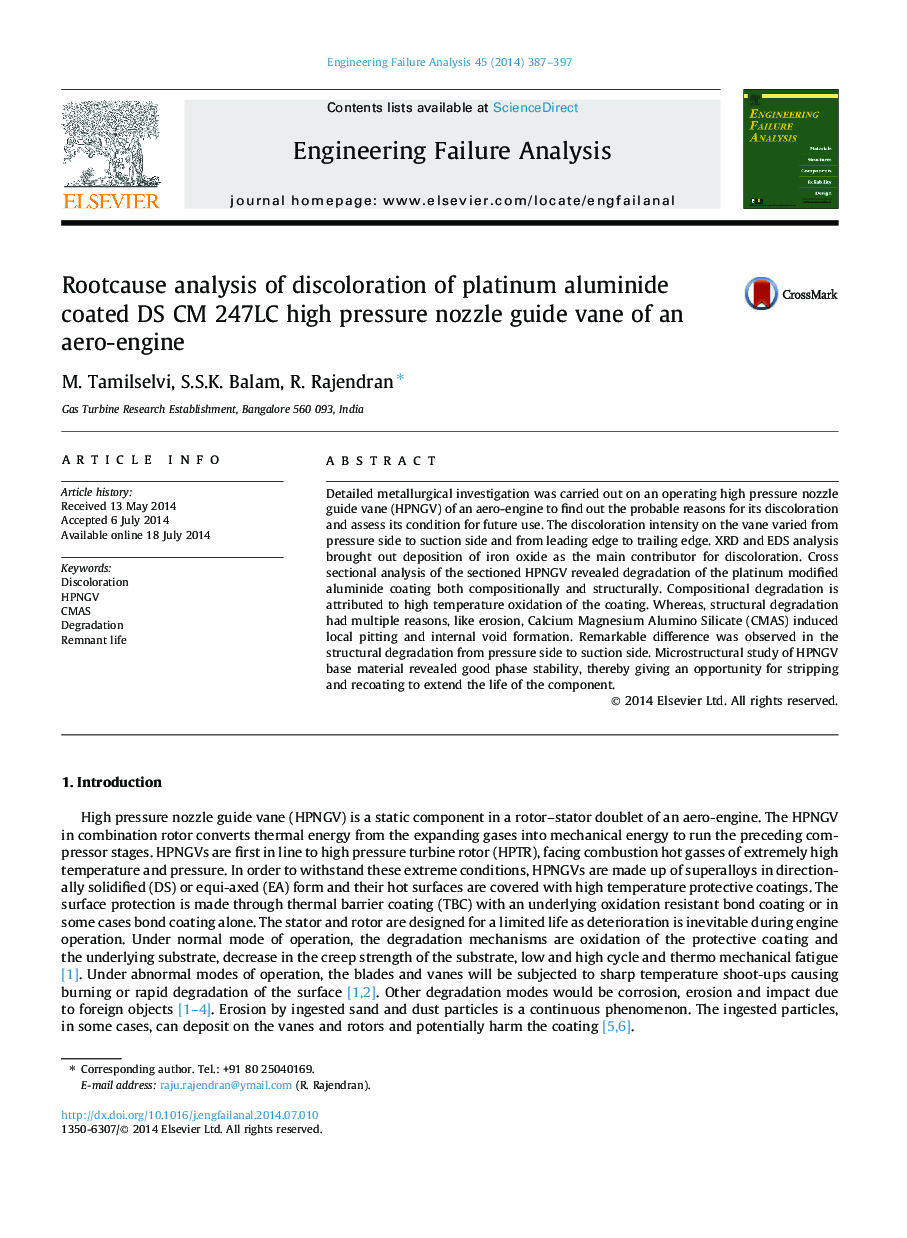 Rootcause analysis of discoloration of platinum aluminide coated DS CM 247LC high pressure nozzle guide vane of an aero-engine