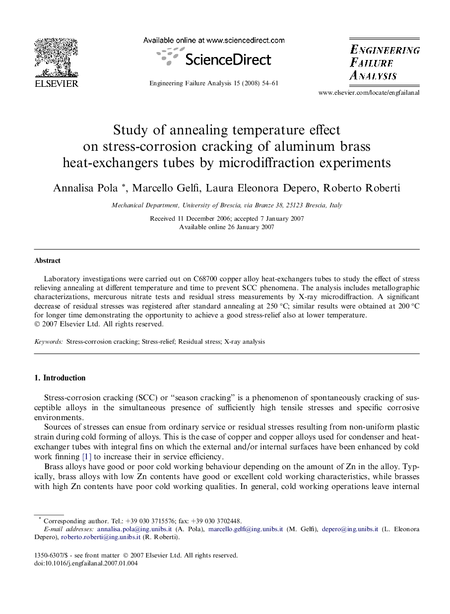 Study of annealing temperature effect on stress-corrosion cracking of aluminum brass heat-exchangers tubes by microdiffraction experiments