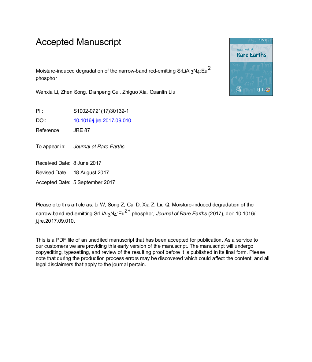 عکس صفحه اول مقاله: Moisture-induced degradation of the narrow-band red-emitting SrLiAl3N4:Eu2+ phosphor Moisture-induced degradation of the narrow-band red-emitting SrLiAl3N4:Eu2+ phosphor