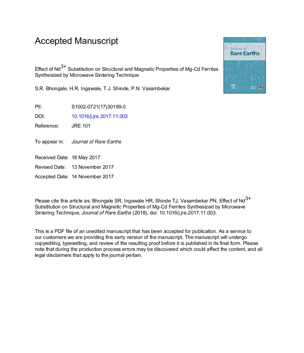 عکس صفحه اول مقاله: Effect of Nd3+ substitution on structural and magnetic properties of Mg-Cd ferrites synthesized by microwave sintering technique Effect of Nd3+ substitution on structural and magnetic properties of Mg-Cd ferrites synthesized by microwave sintering technique