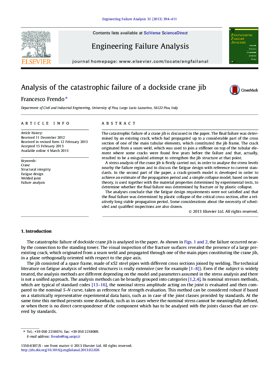 Analysis of the catastrophic failure of a dockside crane jib