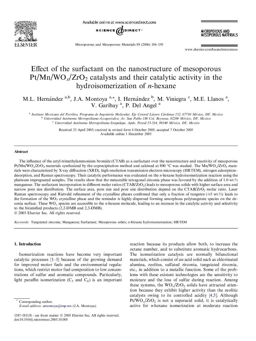 Effect of the surfactant on the nanostructure of mesoporous Pt/Mn/WOx/ZrO2 catalysts and their catalytic activity in the hydroisomerization of n-hexane