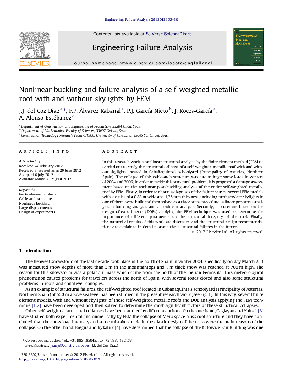 Nonlinear buckling and failure analysis of a self-weighted metallic roof with and without skylights by FEM