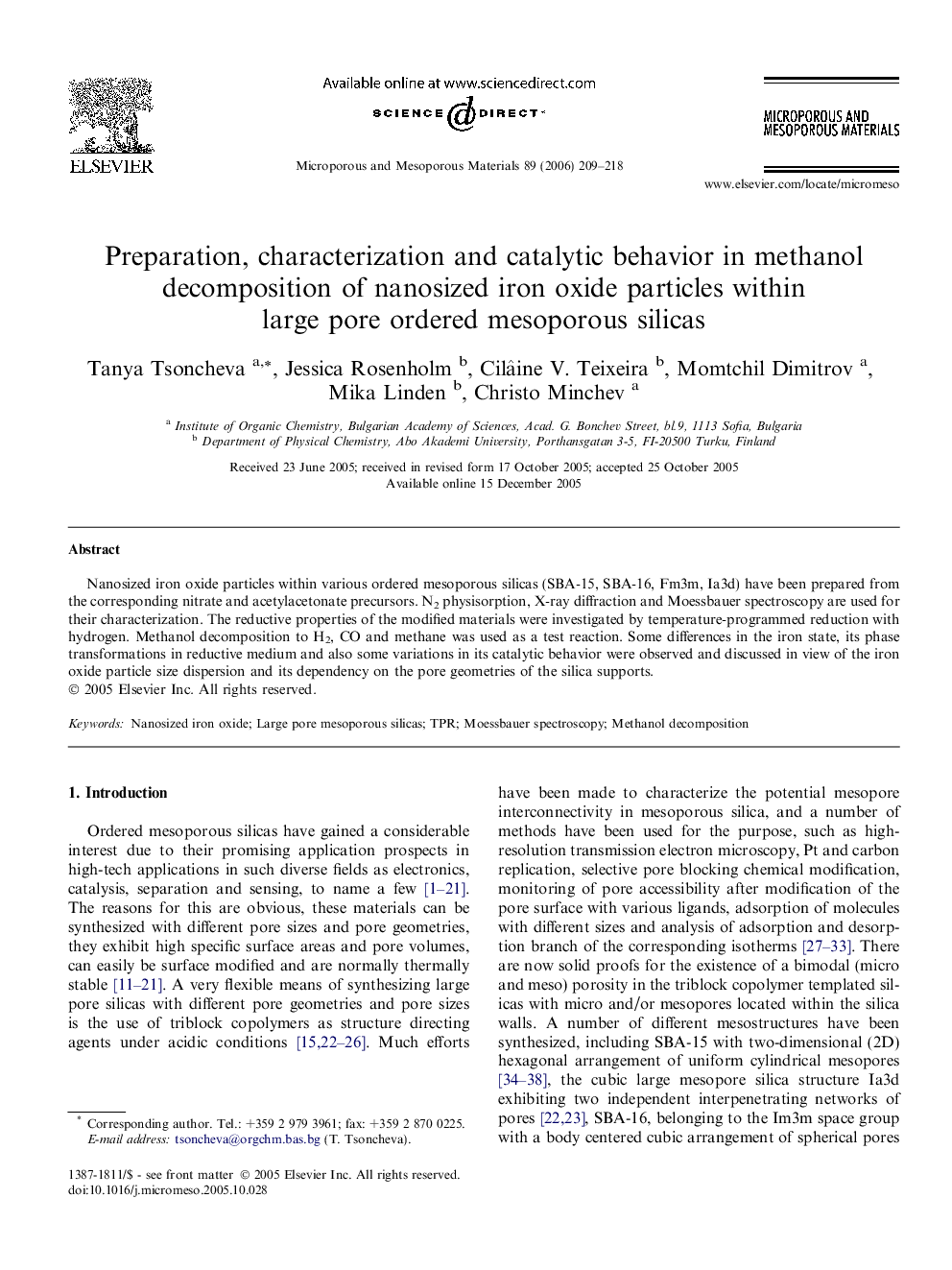 Preparation, characterization and catalytic behavior in methanol decomposition of nanosized iron oxide particles within large pore ordered mesoporous silicas