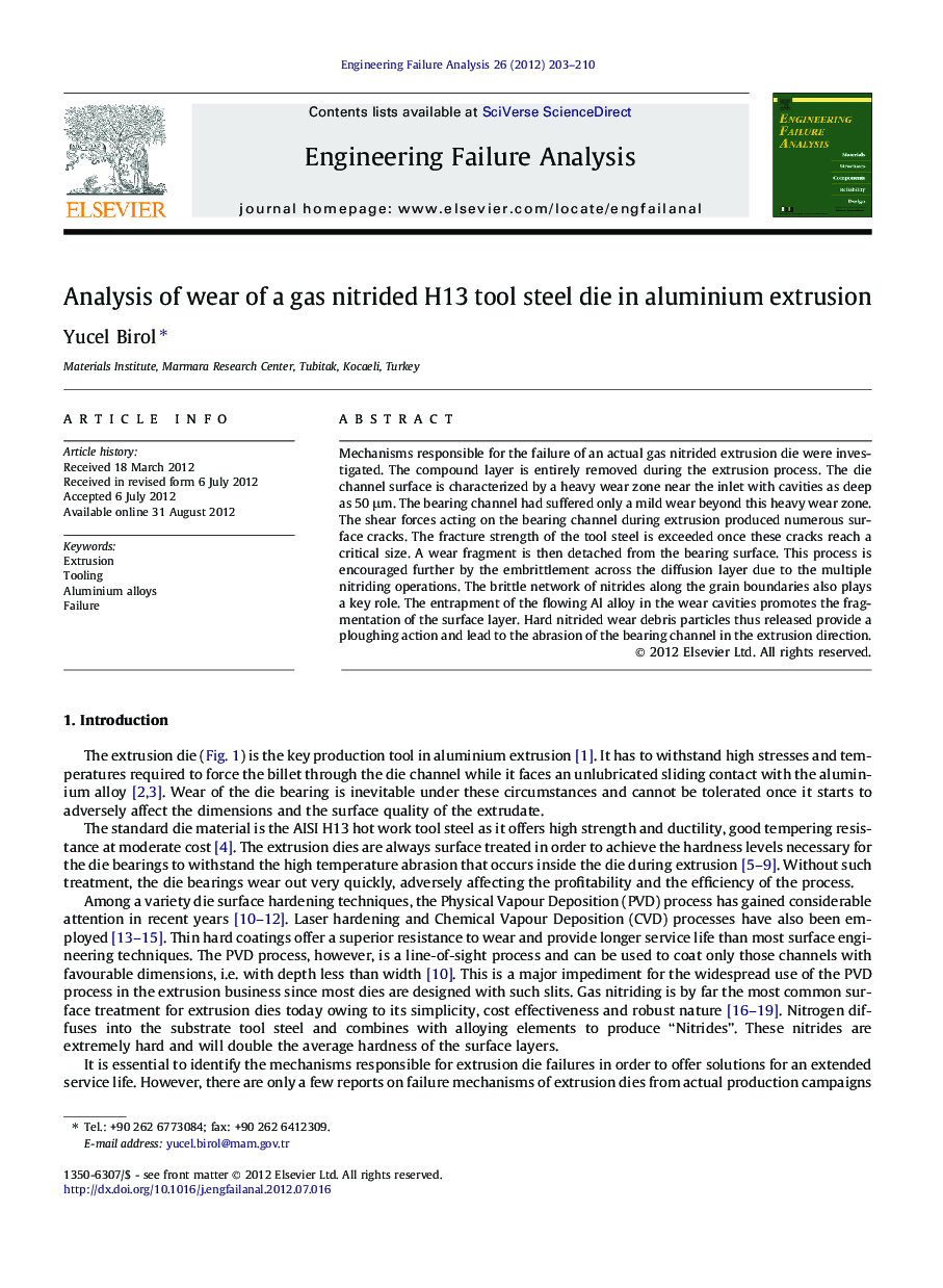 Analysis of wear of a gas nitrided H13 tool steel die in aluminium extrusion