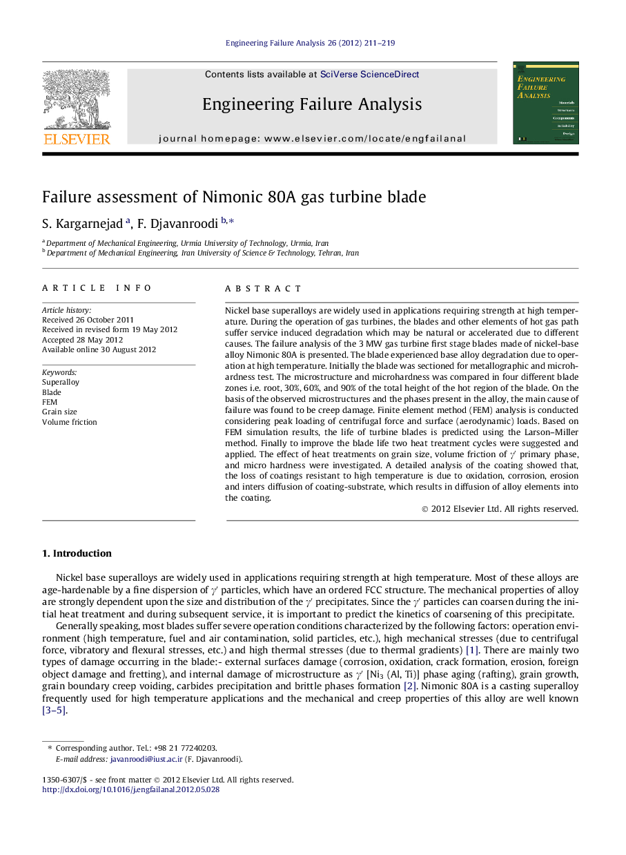 Failure assessment of Nimonic 80A gas turbine blade