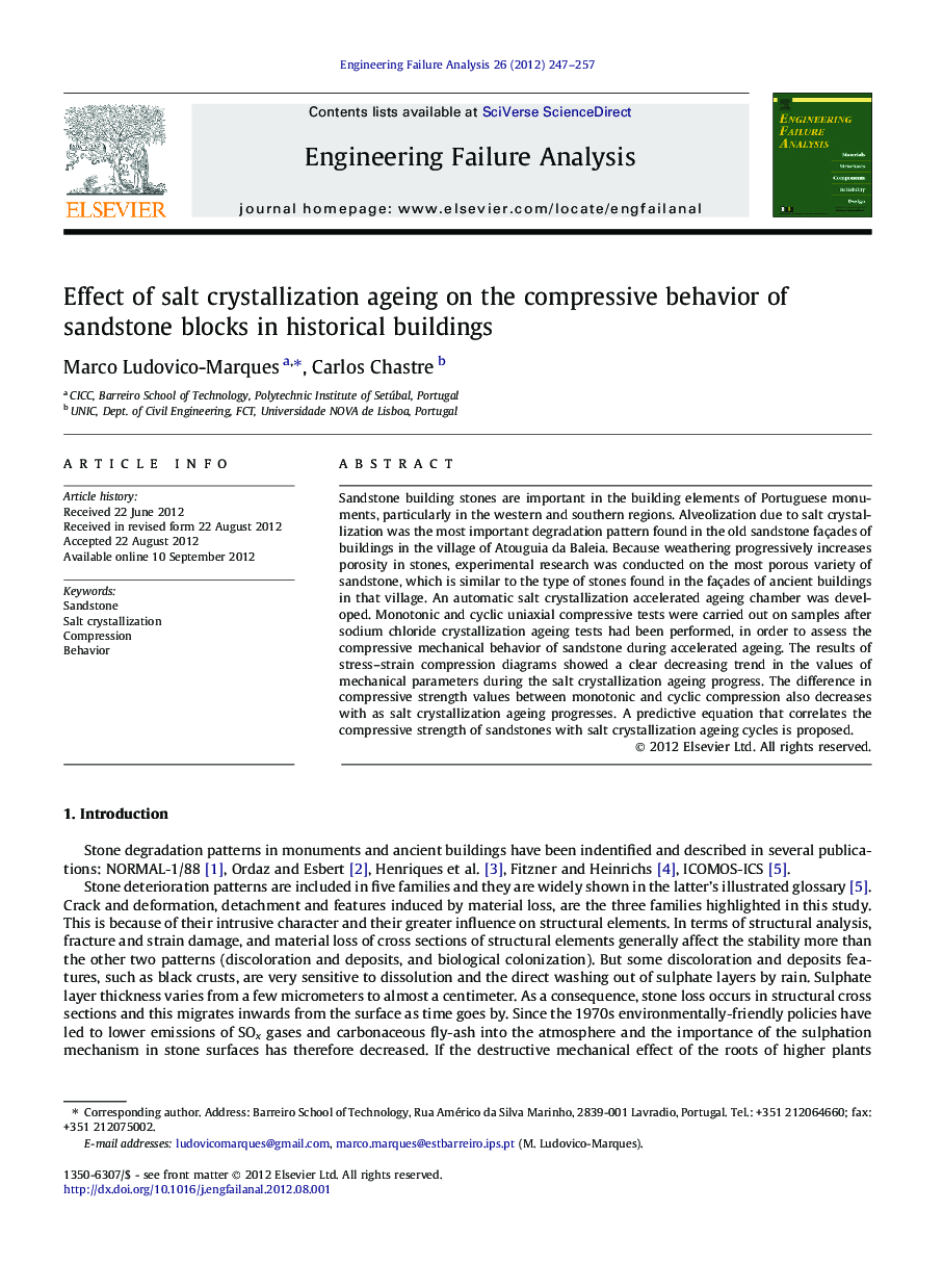 Effect of salt crystallization ageing on the compressive behavior of sandstone blocks in historical buildings