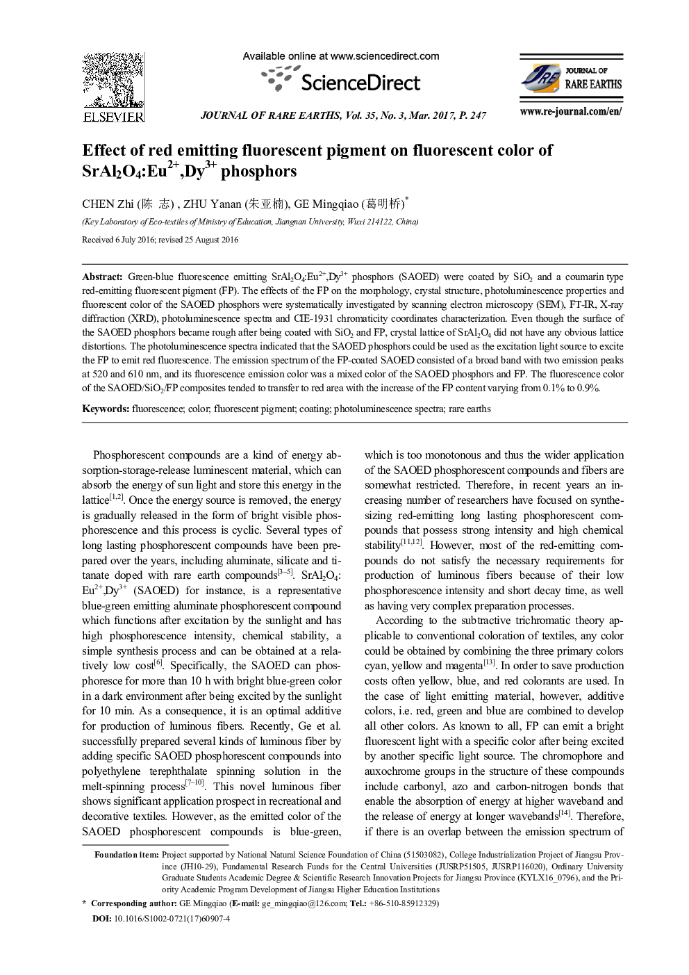 Effect of red emitting fluorescent pigment on fluorescent color of SrAl2O4:Eu2+,Dy3+ phosphors