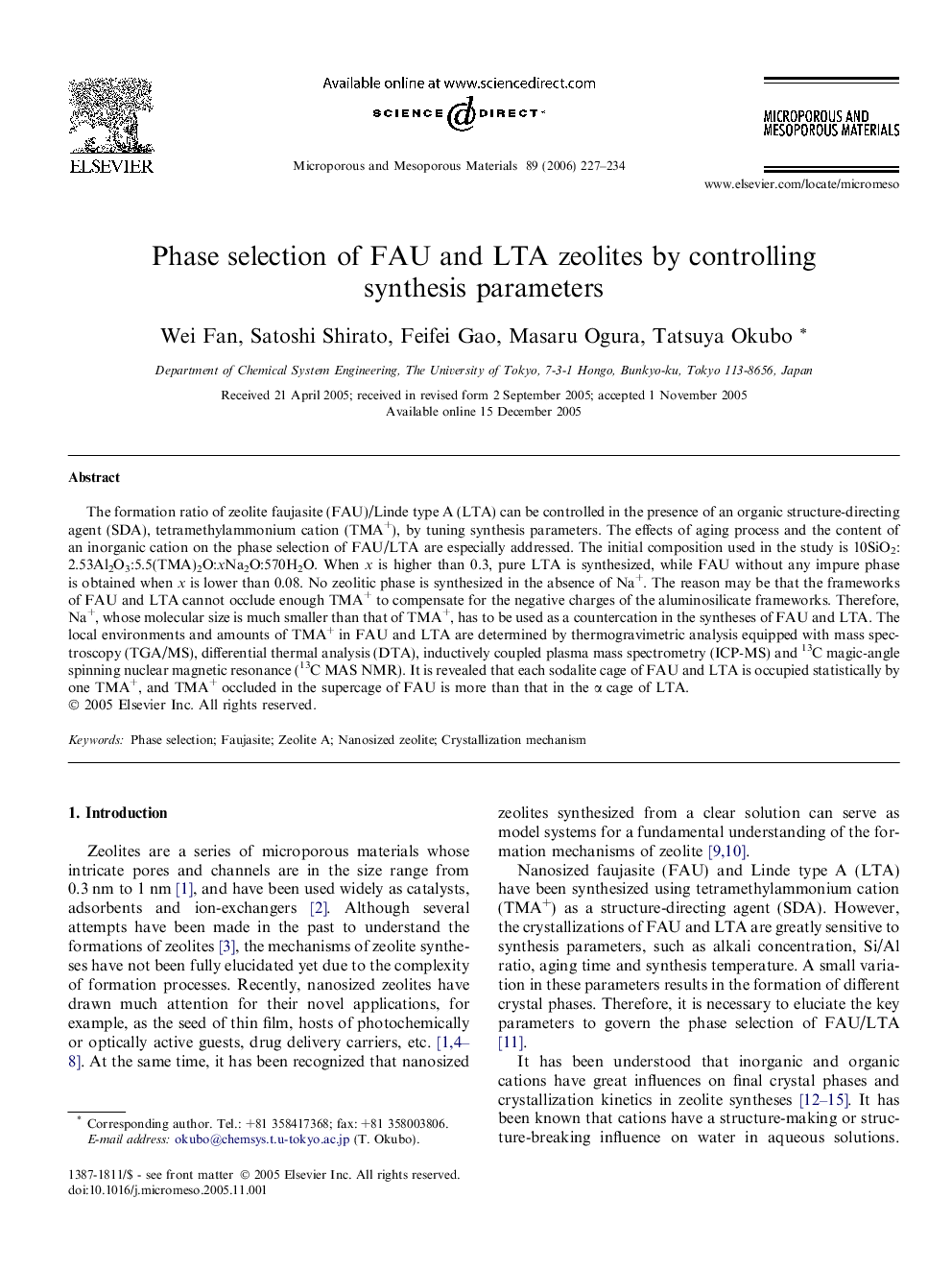 Phase selection of FAU and LTA zeolites by controlling synthesis parameters