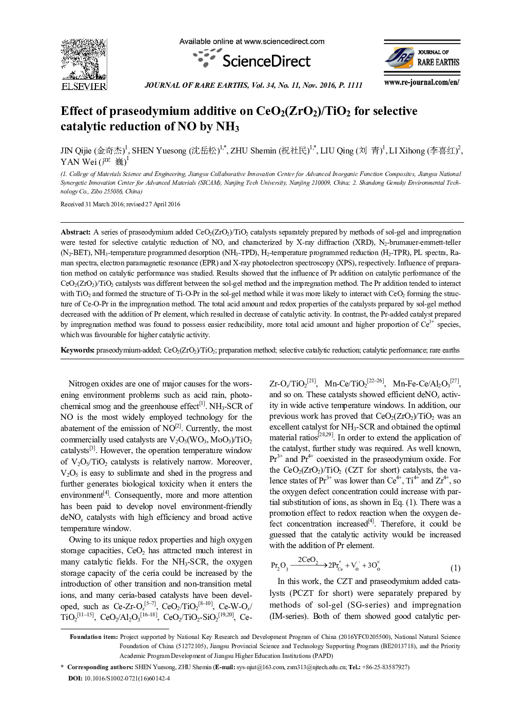 Effect of praseodymium additive on CeO2(ZrO2)/TiO2 for selective catalytic reduction of NO by NH3