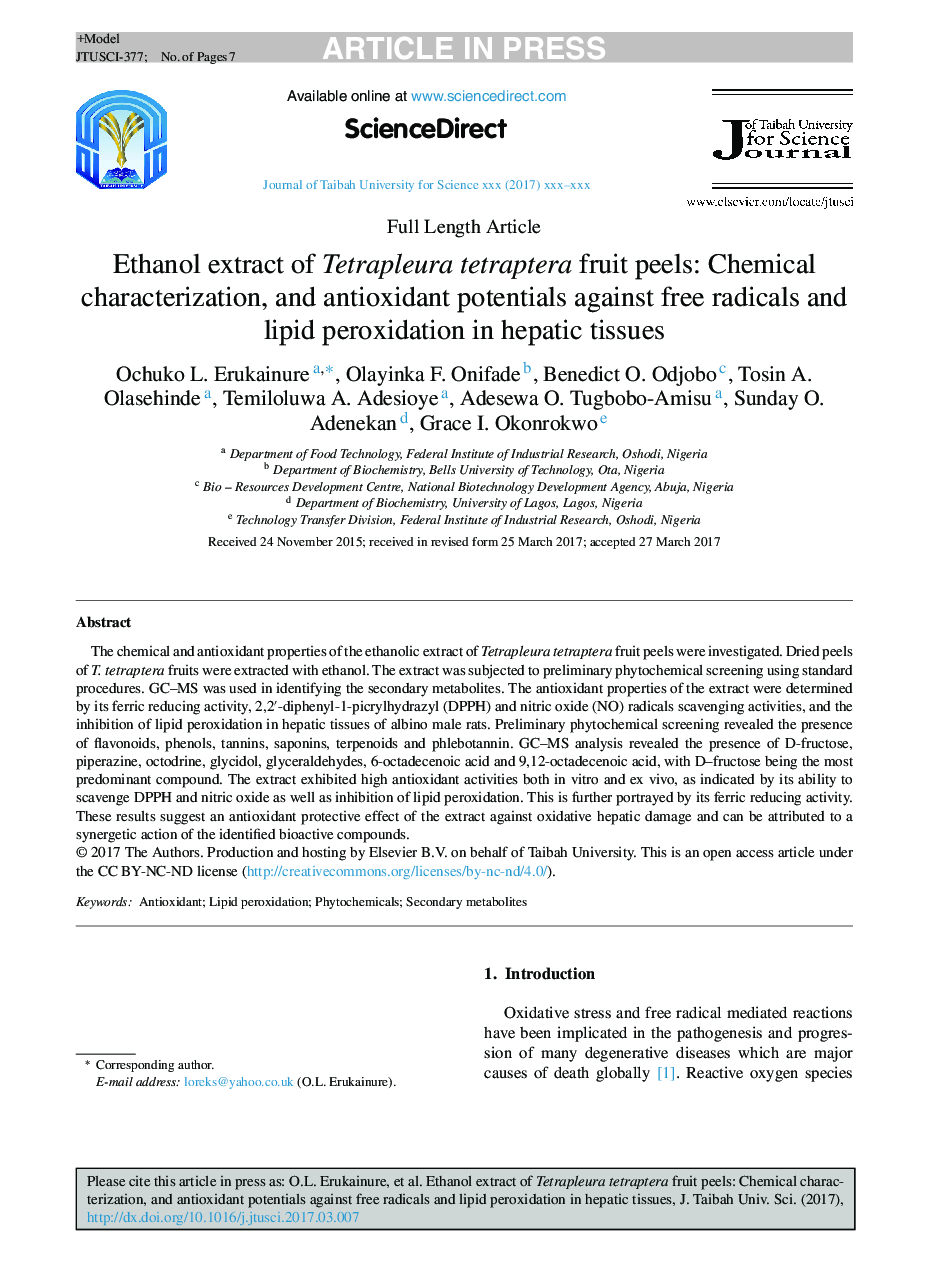 Ethanol extract of Tetrapleura tetraptera fruit peels: Chemical characterization, and antioxidant potentials against free radicals and lipid peroxidation in hepatic tissues