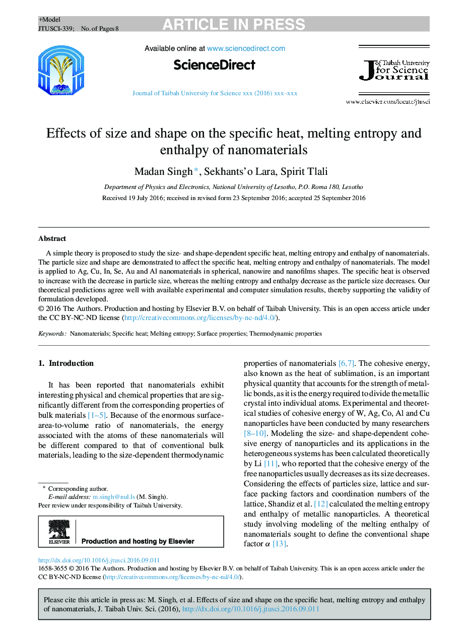 Effects of size and shape on the specific heat, melting entropy and enthalpy of nanomaterials