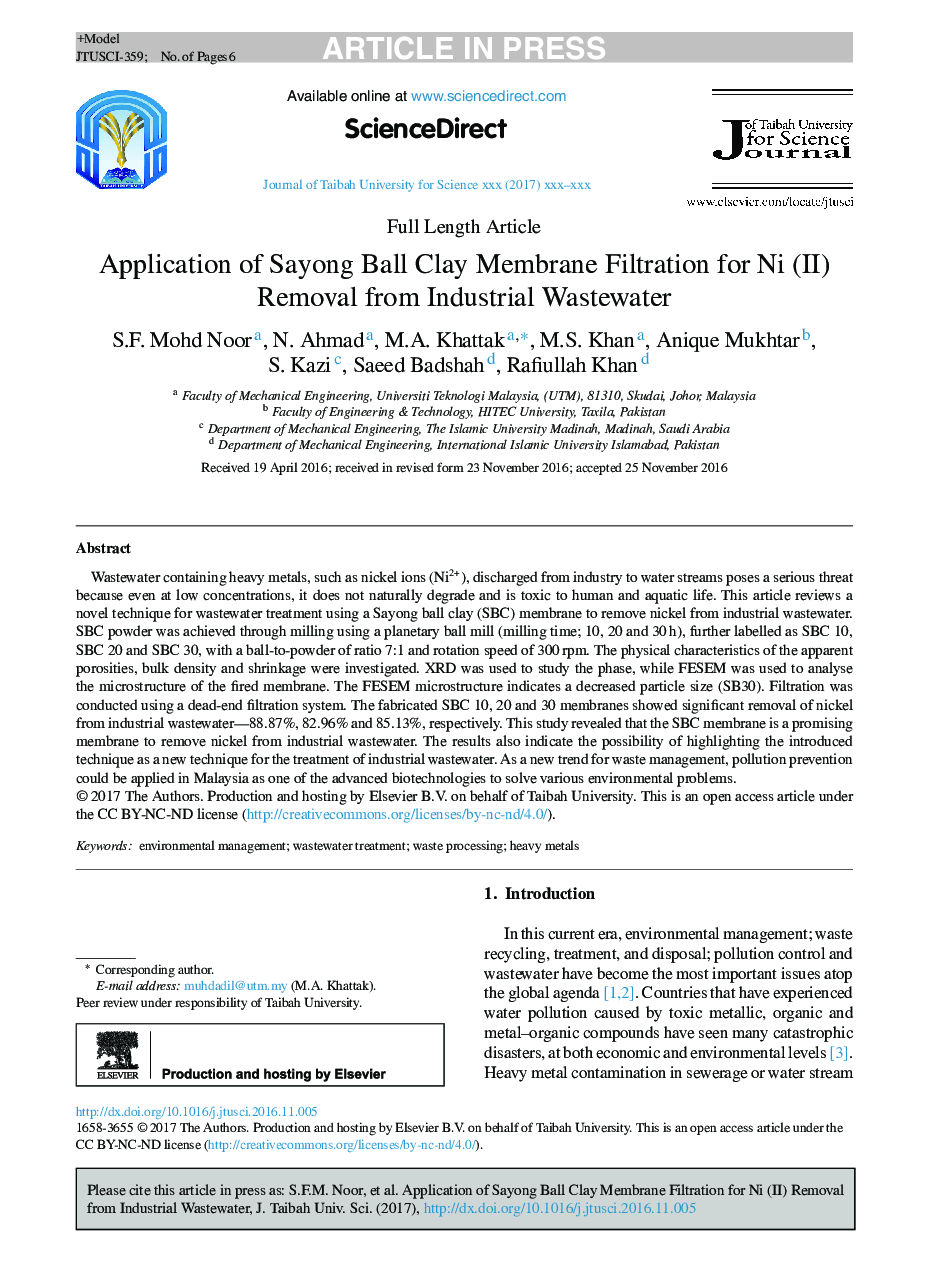 Application of Sayong Ball Clay Membrane Filtration for Ni (II) Removal from Industrial Wastewater