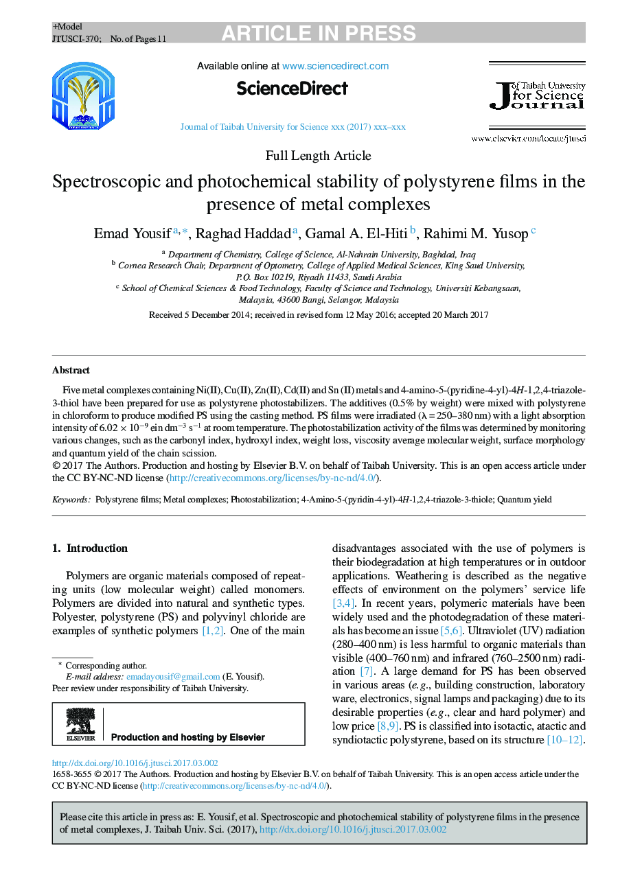 Spectroscopic and photochemical stability of polystyrene films in the presence of metal complexes