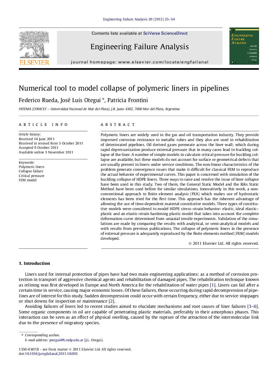 Numerical tool to model collapse of polymeric liners in pipelines