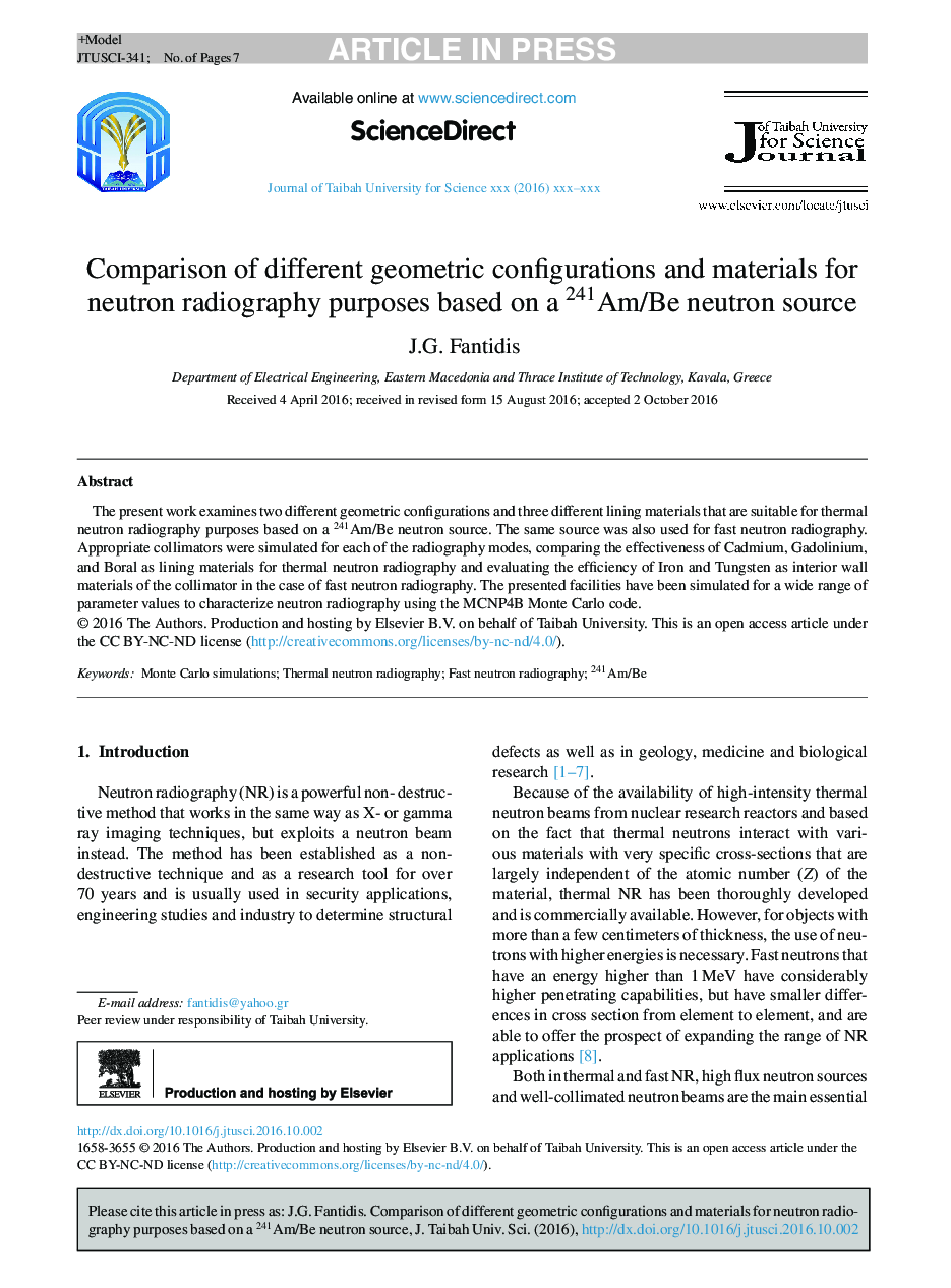 Comparison of different geometric configurations and materials for neutron radiography purposes based on a 241Am/Be neutron source