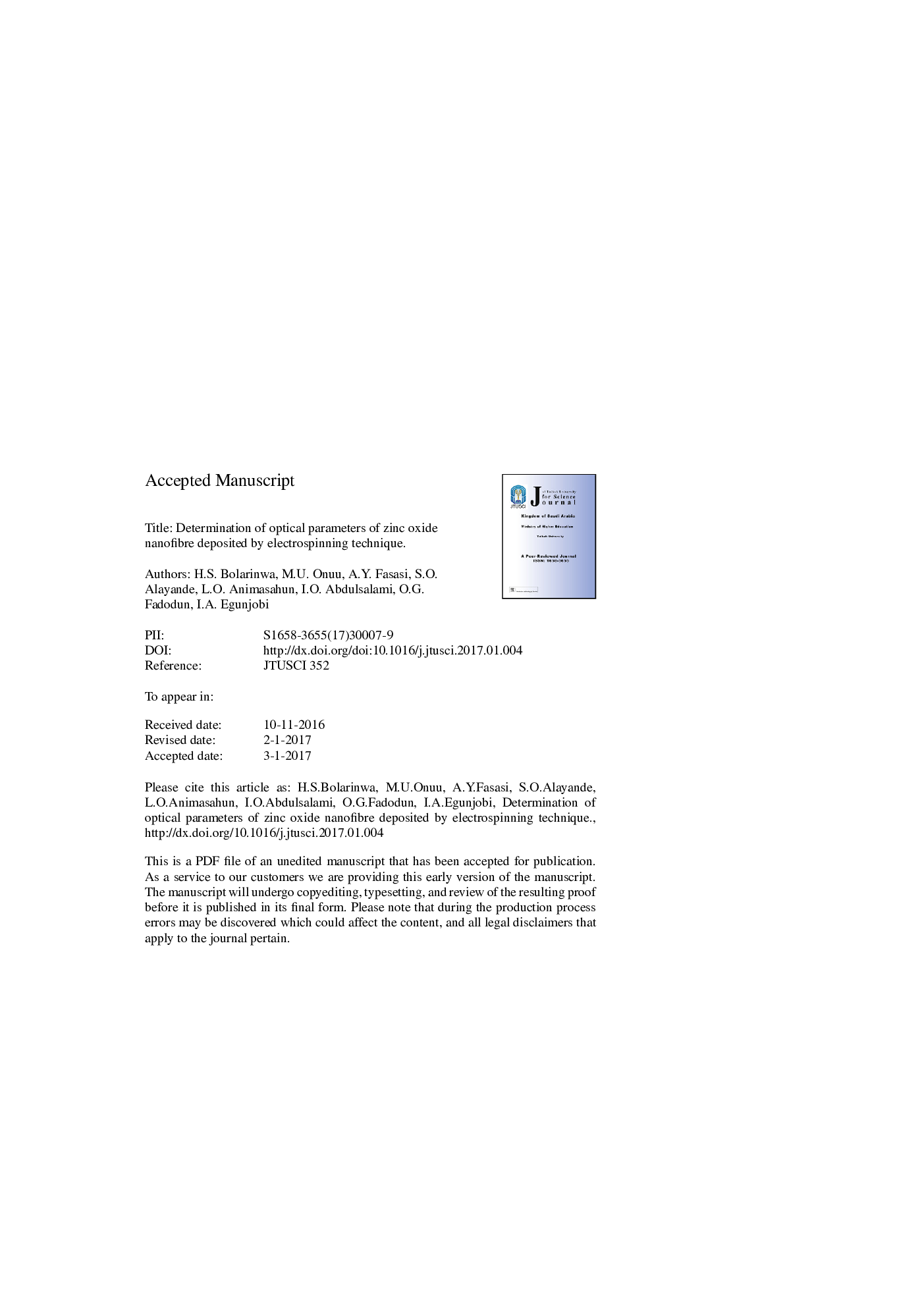 Determination of optical parameters of zinc oxide nanofibre deposited by electrospinning technique