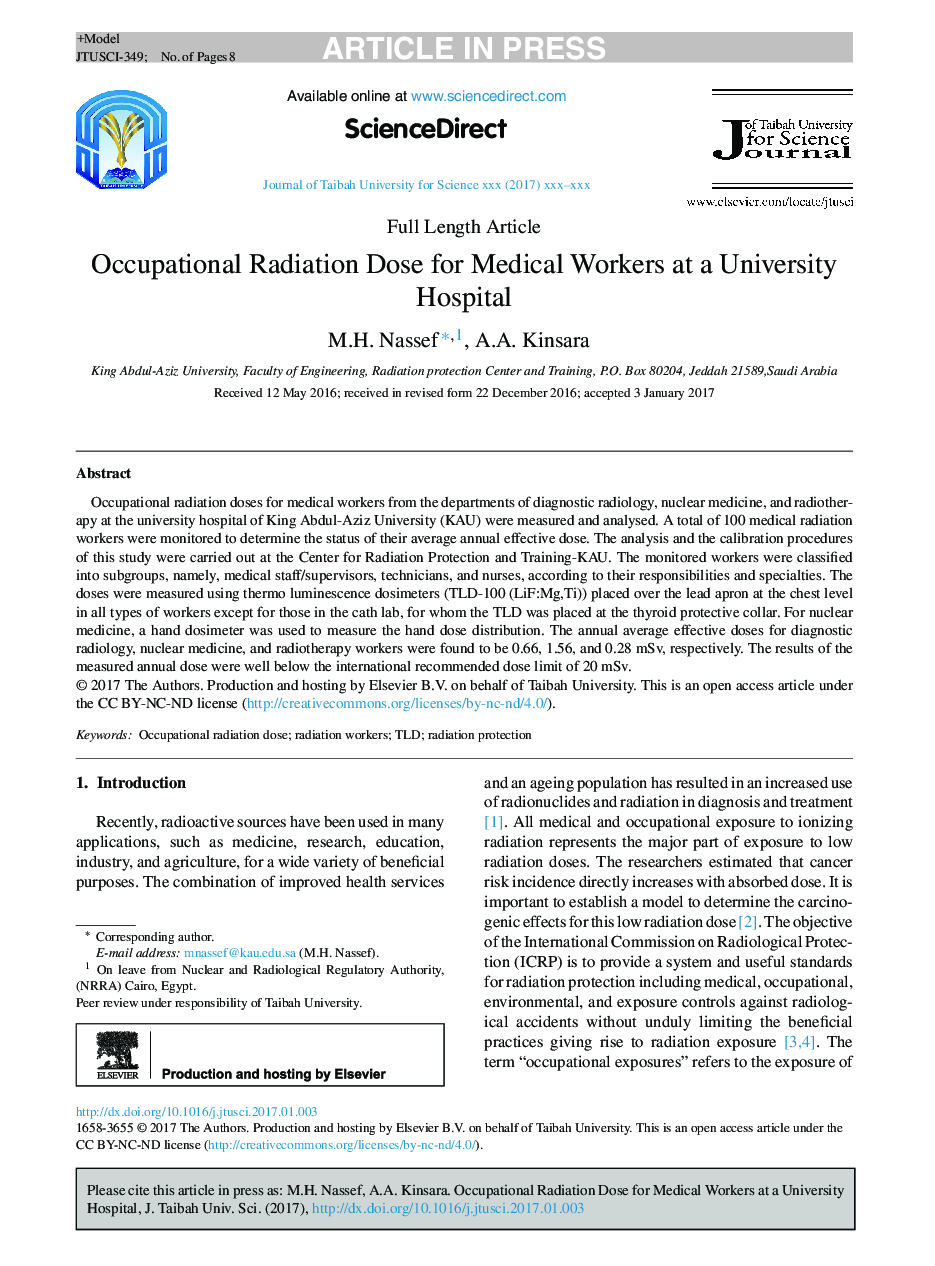 Occupational Radiation Dose for Medical Workers at a University Hospital