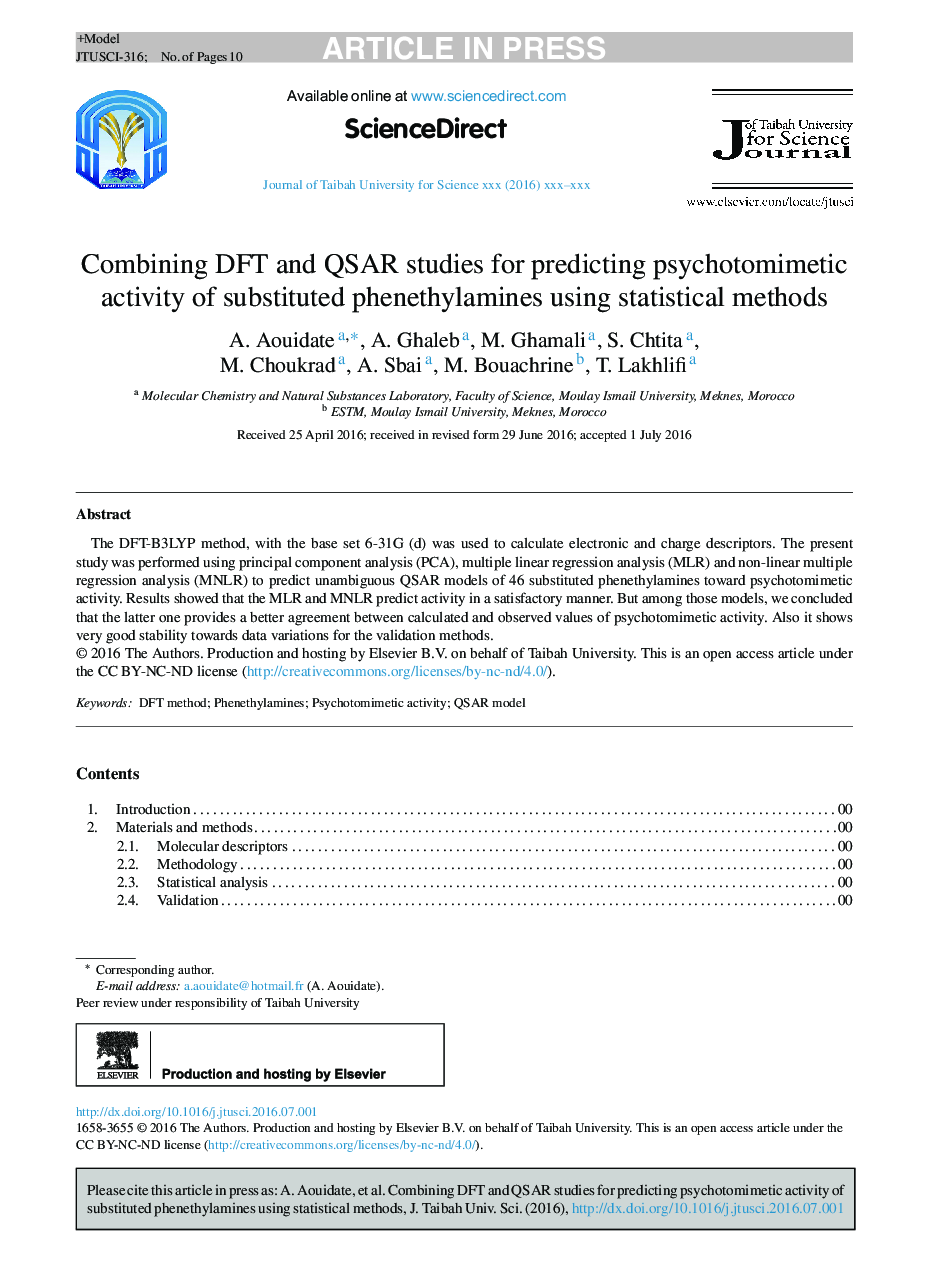 Combining DFT and QSAR studies for predicting psychotomimetic activity of substituted phenethylamines using statistical methods