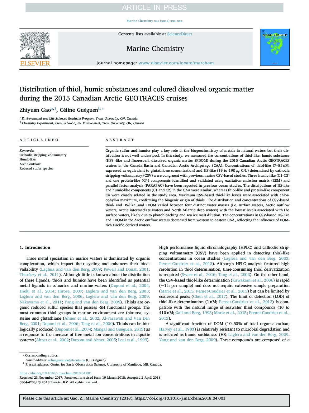 Distribution of thiol, humic substances and colored dissolved organic matter during the 2015 Canadian Arctic GEOTRACES cruises