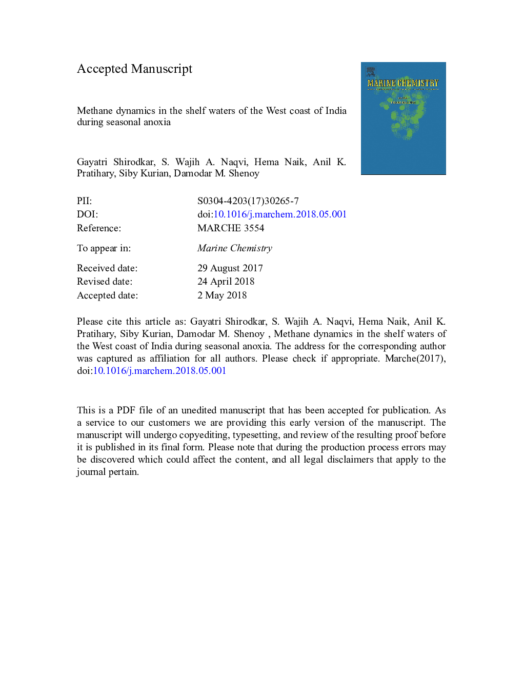 Methane dynamics in the shelf waters of the West coast of India during seasonal anoxia