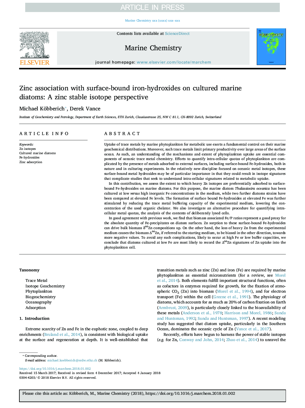 ارتباط روی با آهن-هیدروکسید های سطحی روی دیاتوم های دریایی کشت شده: دیدگاه ایزوتوپ پایدار روی 