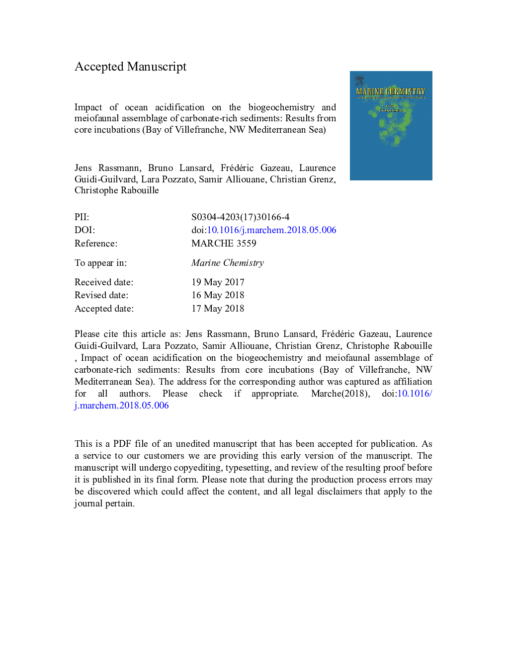 Impact of ocean acidification on the biogeochemistry and meiofaunal assemblage of carbonate-rich sediments: Results from core incubations (Bay of Villefranche, NW Mediterranean Sea)