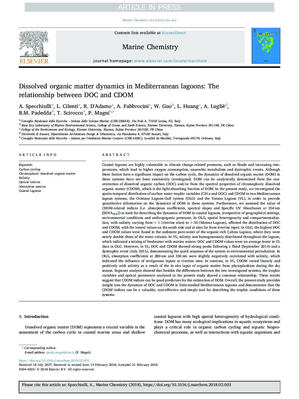 Dissolved organic matter dynamics in Mediterranean lagoons: The relationship between DOC and CDOM