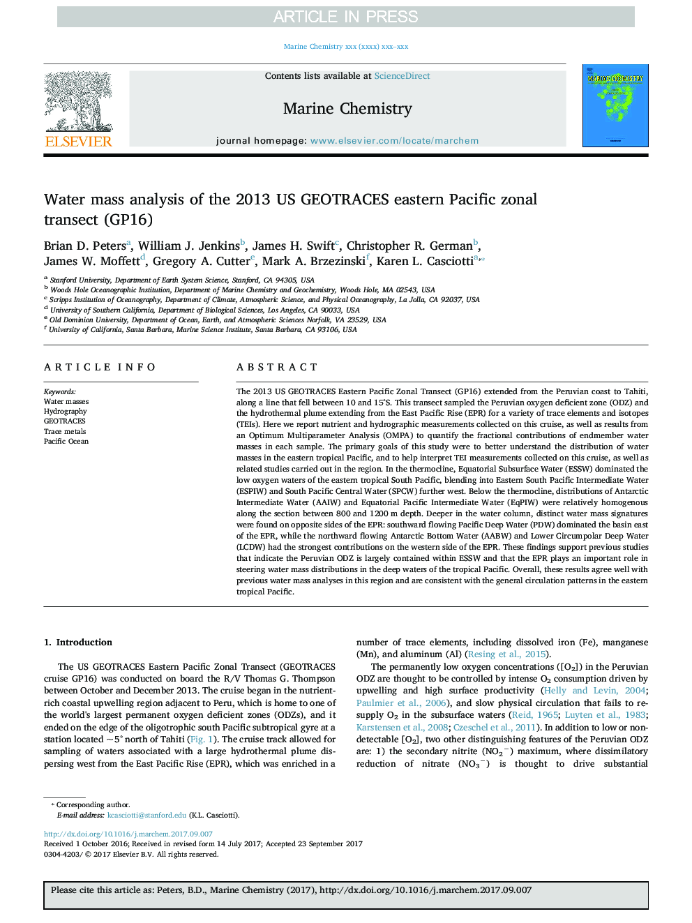 Water mass analysis of the 2013 US GEOTRACES eastern Pacific zonal transect (GP16)