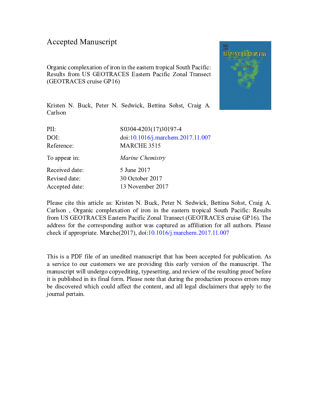 Organic complexation of iron in the eastern tropical South Pacific: Results from US GEOTRACES Eastern Pacific Zonal Transect (GEOTRACES cruise GP16)