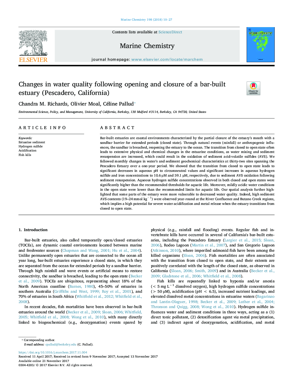 Changes in water quality following opening and closure of a bar-built estuary (Pescadero, California)