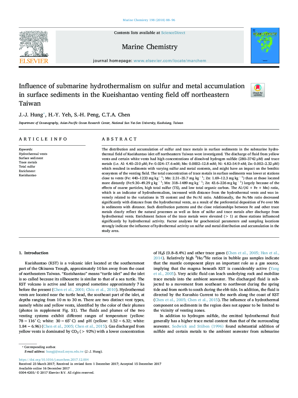 Influence of submarine hydrothermalism on sulfur and metal accumulation in surface sediments in the Kueishantao venting field off northeastern Taiwan