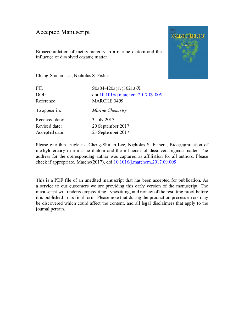 Bioaccumulation of methylmercury in a marine diatom and the influence of dissolved organic matter