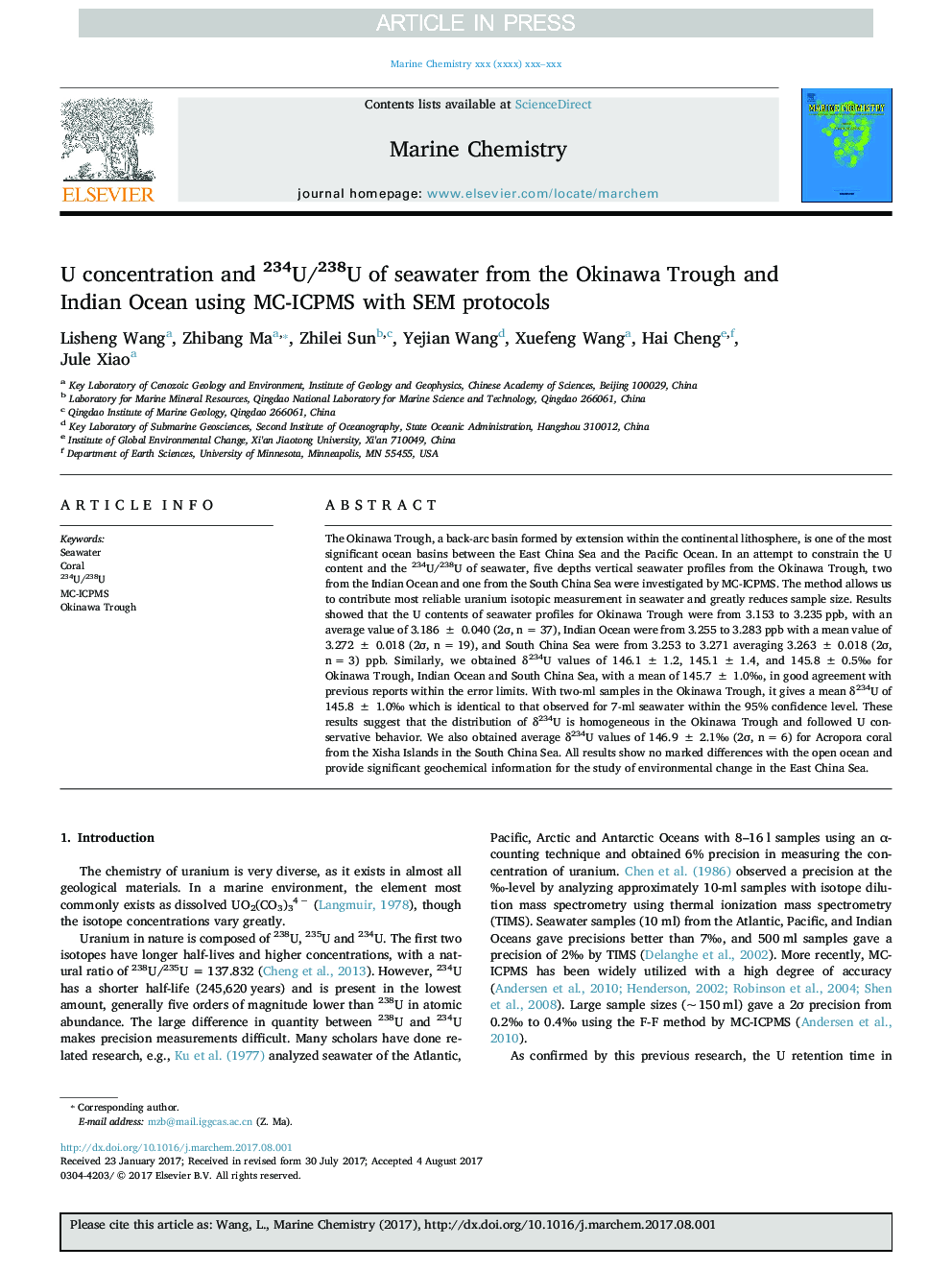 U concentration and 234U/238U of seawater from the Okinawa Trough and Indian Ocean using MC-ICPMS with SEM protocols