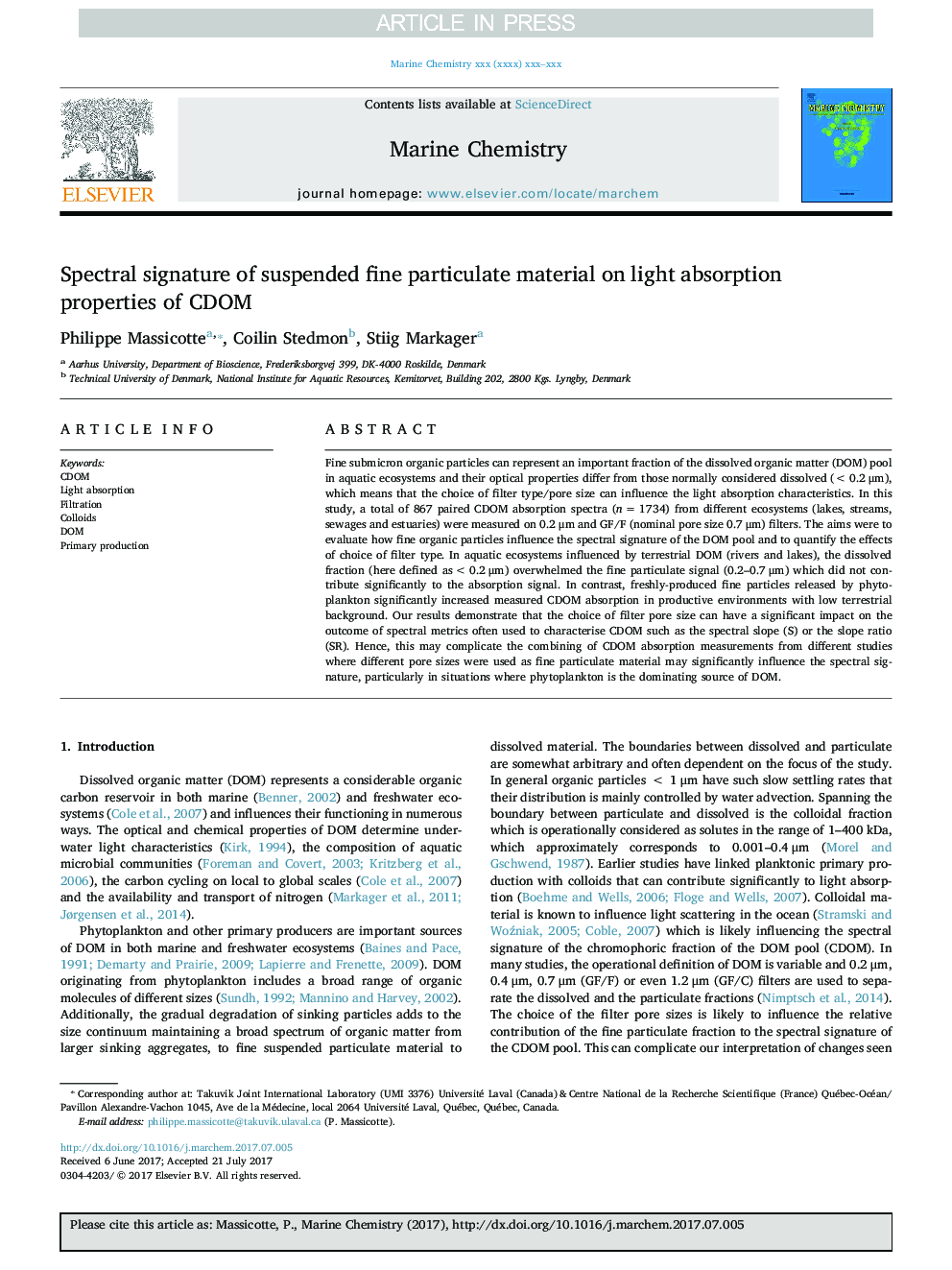 Spectral signature of suspended fine particulate material on light absorption properties of CDOM