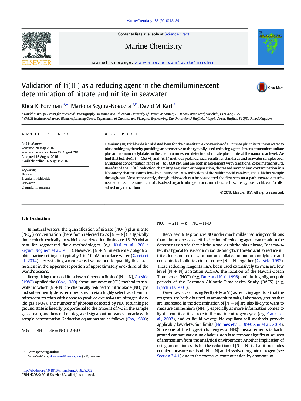 Validation of Ti(III) as a reducing agent in the chemiluminescent determination of nitrate and nitrite in seawater